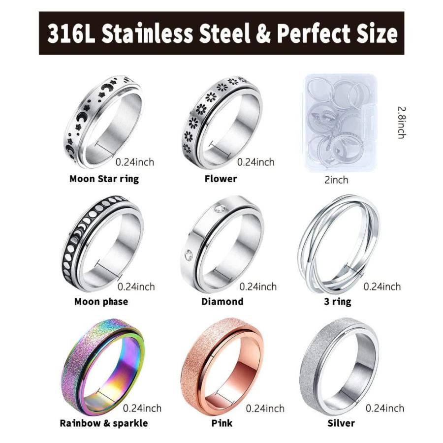 MUCAL Fidget Rings for Anxiety 8pcs Stainless Steel Spinner Ring Anti Anxie｜st-3｜05
