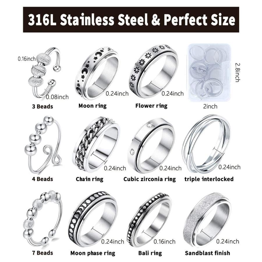 MUCAL Fidget Rings for Anxiety 8pcs Stainless Steel Spinner Ring Anti Anxie｜st-3｜05