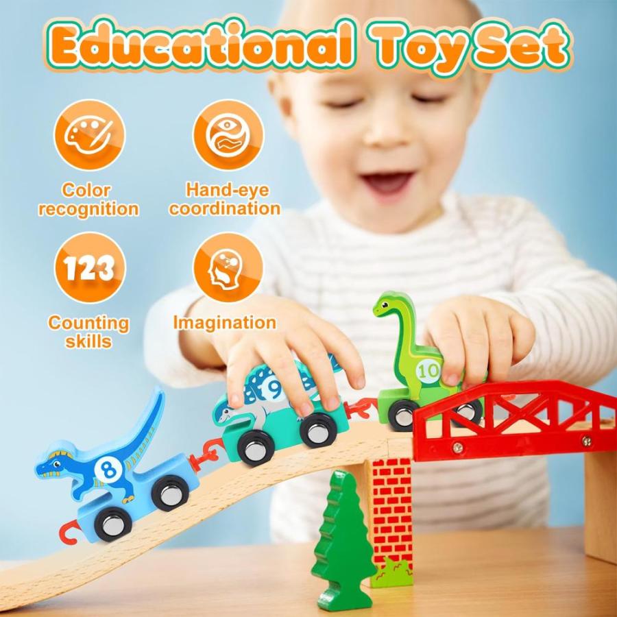 Toddler Dinosaur Toys Age 2ー4: IPOURUP Wooden Dinosaurs Train Set Montessor｜st-3｜02