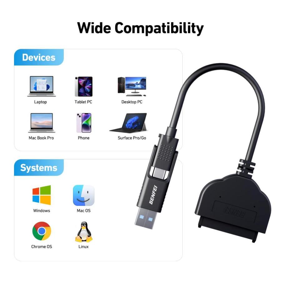 BENFEI SATA USB変換アダプター 2.5インチSSD /HDD用 SATA3 ケーブル コンバーター 5Gbps 高速 SATA USB3｜st-3｜05