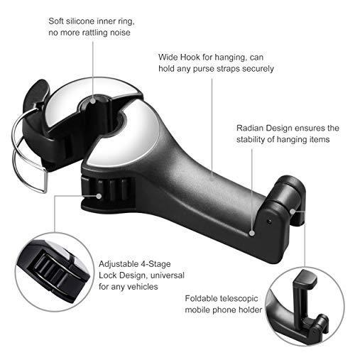 2 in 1 カーシートフック 財布やバッグ用 電話ホルダー付き 自動ヘッドレストハンドバッグホルダー ハンガーオーガナイザー 落下防止 静か ユニバ｜st-3｜02