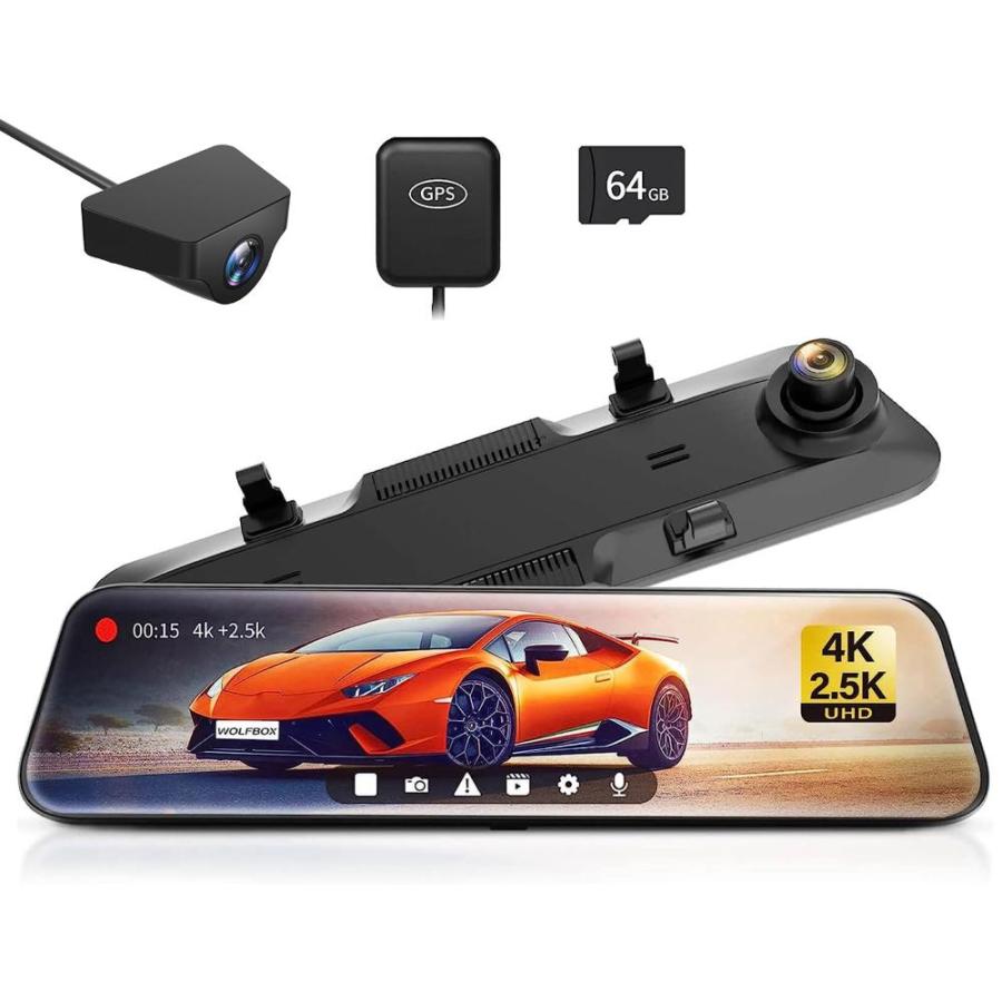 WOLFBOX ドライブレコーダー ミラー型 最新 フロント4K+リア2.5K 12 