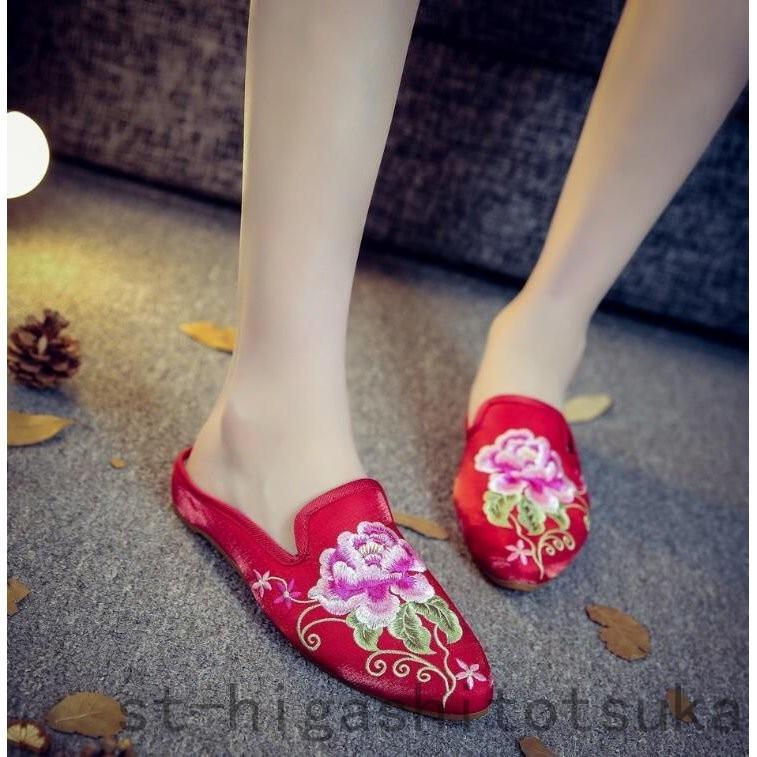 チャイナ フラットシューズ 花柄 保障できる
