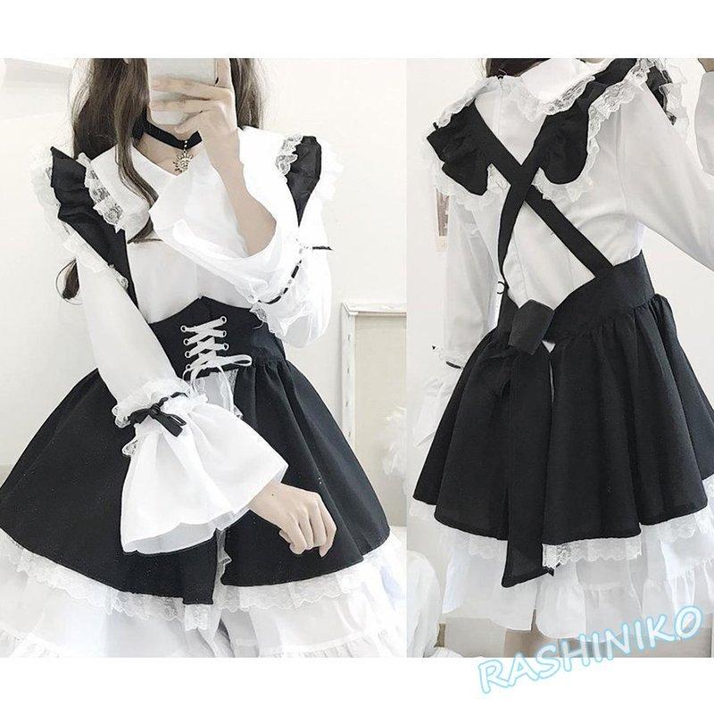 秋新作 レディース 少女 メイド服 ３点セット 丸襟 長袖 蝶結び付き ワンピース 黒