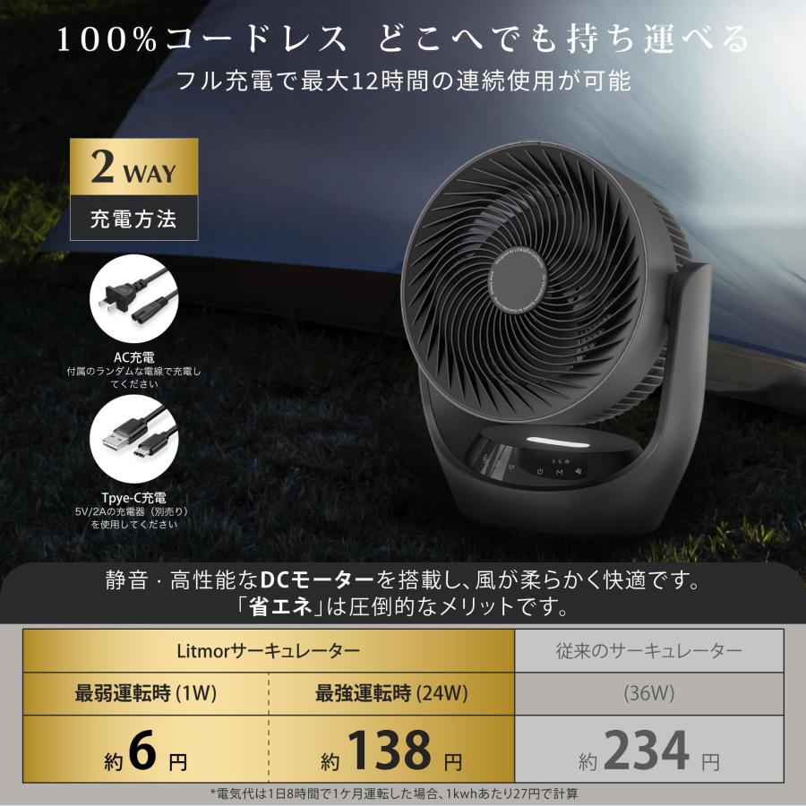 Polar Cedar サーキュレーター 静音 充電式 コードレス DCモーター 30