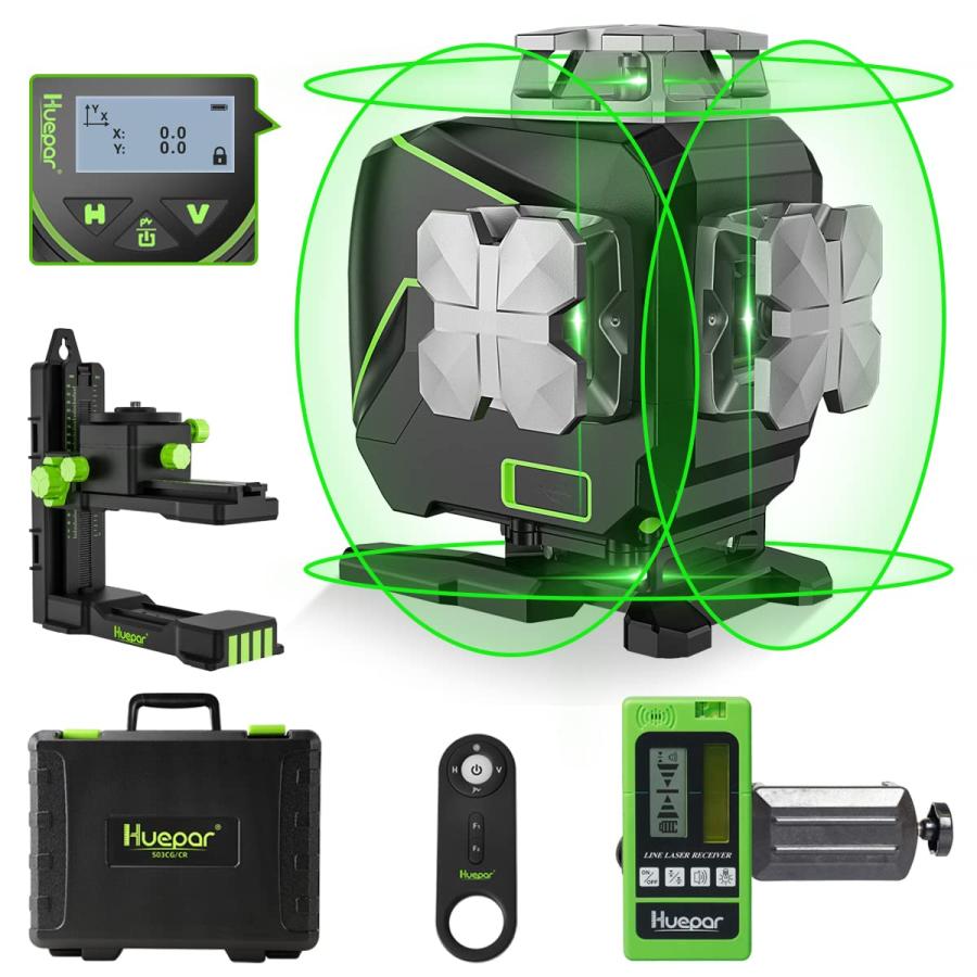 Huepar グリーン レーザー墨出し器 フルライン4本 4x360° 【受光器付属 