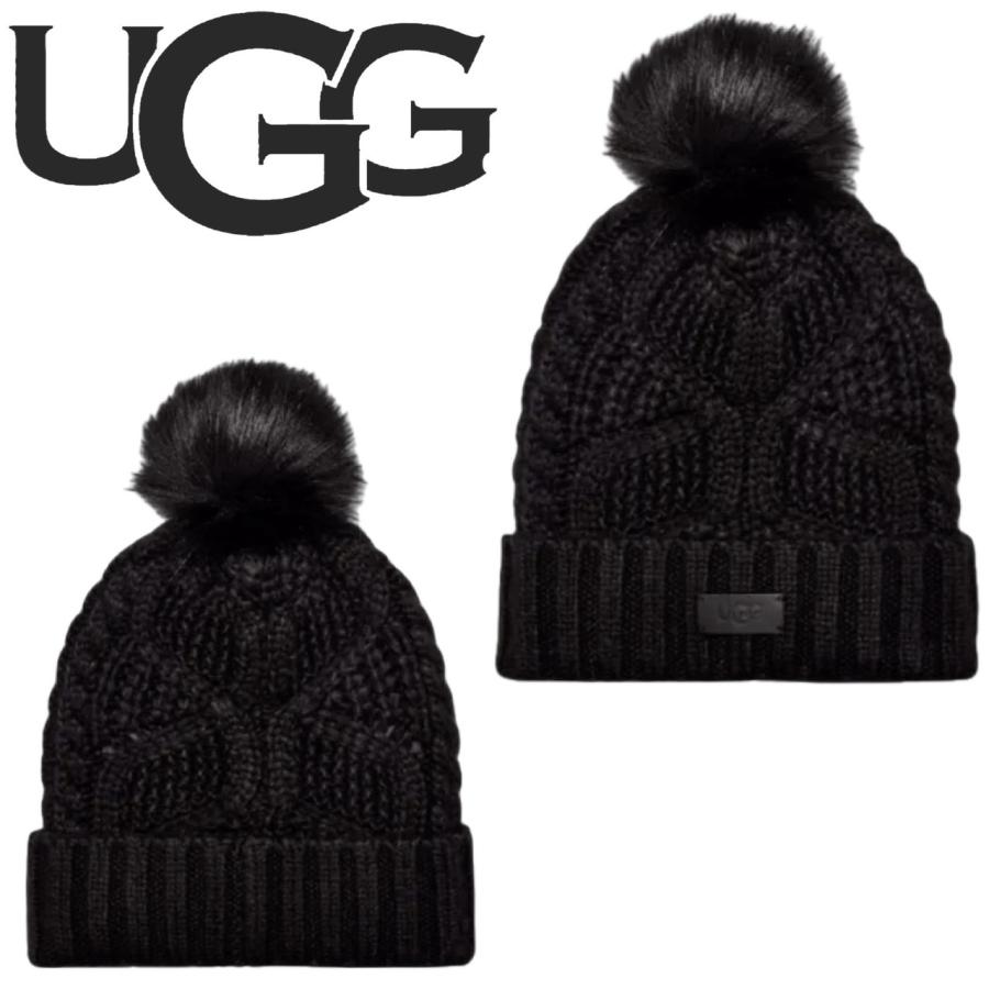UGG ブラックニット帽 ポンポン付き UGG（アグ） ビーニー ニット帽 帽子 ロゴ ビーニー ポンポン