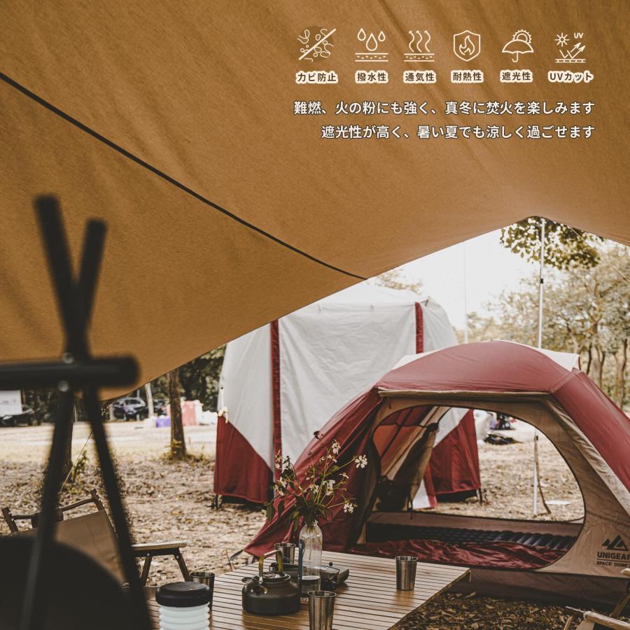 Unigea(420*410cm, カーキ)r ヘキサタープ tcタープ ポリコットン 5m延長ベルト付き テントとの取り組み可能 焚き火 タープ 遮の画像