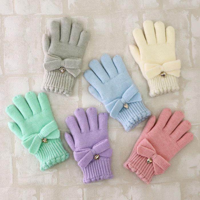 stample  スタンプル リボンニットグローブ キッズ 子供 手袋 暖かい 冬 リボン ハート ラメ チャーム付き ボア 5本指 てぶくろ | stample | 24