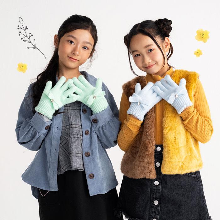 stample  スタンプル リボンニットグローブ キッズ 子供 手袋 暖かい 冬 リボン ハート ラメ チャーム付き ボア 5本指 てぶくろ | stample | 08
