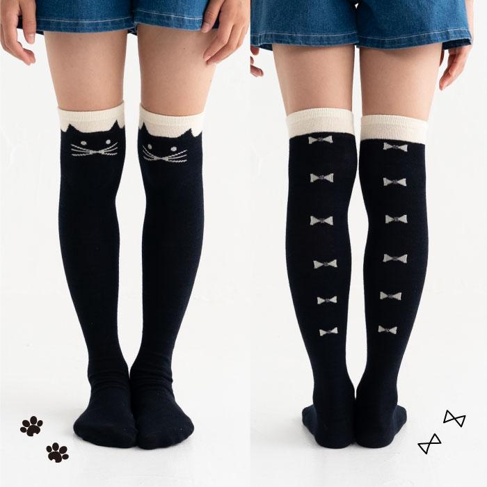 靴下 キッズ 71615 stample スタンプル ネコ ニーハイ ソックス 靴下 クロ かわいい リボン ネコ 猫 ねこ コスプレ ハロウィン 女の子 冬 あったか 暖かい | stample | 13