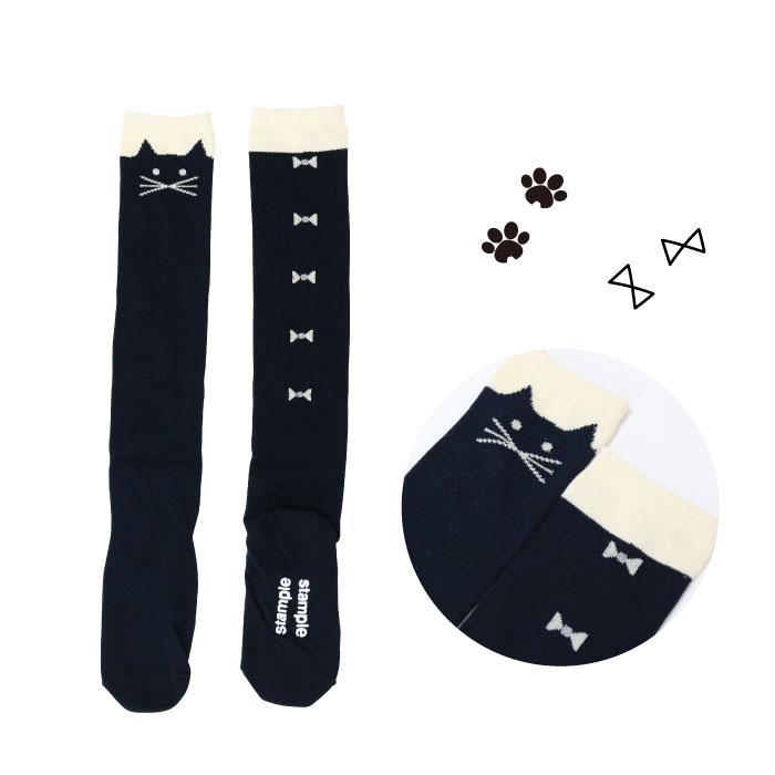 靴下 キッズ 71615 stample スタンプル ネコ ニーハイ ソックス 靴下 クロ かわいい リボン ネコ 猫 ねこ コスプレ ハロウィン 女の子 冬 あったか 暖かい | stample | 14
