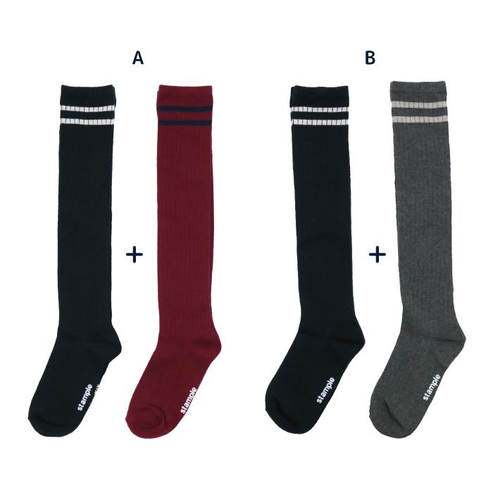 72443 stample スタンプル ラインニーハイソックス２足組 靴下 女の子 ニーハイ おしゃれ 冬 あったか 暖かい 黒 クロ かわいい ライン リブ 通学 プレゼント | stample | 16