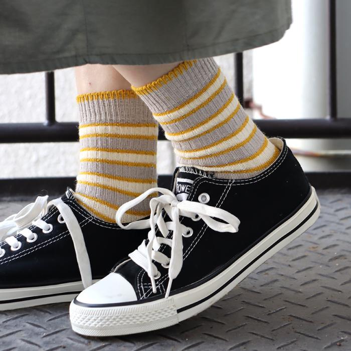 TAWARA（たわら） 綿麻 ボーダークルーソックス 1P 靴下 レディース おしゃれ かわいい リネン コットン ボーダー | TAWARA | 17