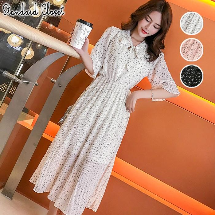 シフォンワンピース ワンピース ロング丈 シャツワンピース シャツワンピ シフォン 5分袖 フリル袖 ドット ドット柄 水玉柄 春 夏 ポイント消化 送料無料 19 0012 0133 Standard Closet 通販 Yahoo ショッピング