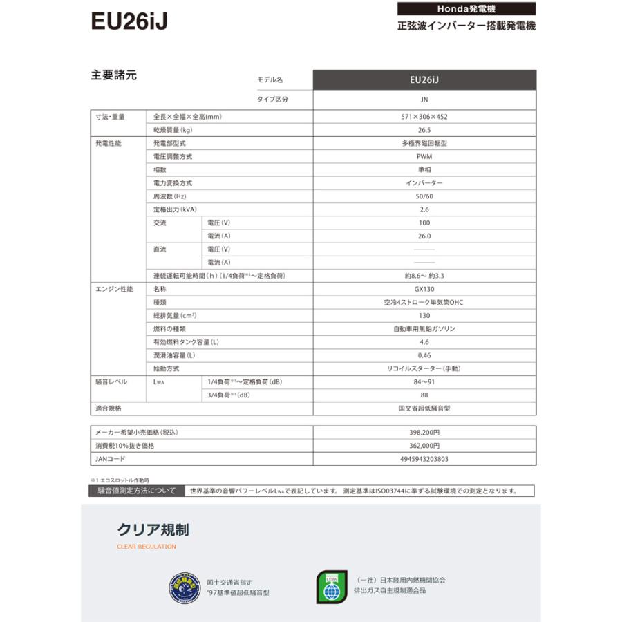 ホンダ（HONDA） 発電機 EU26iJ FI インバーター発電機 2.6kVa