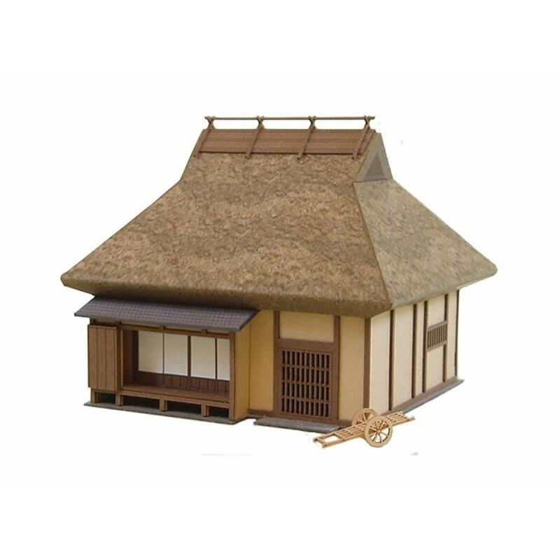 ジオラマベース　完成品 茅葺き屋根の小屋と道標　1/35 さんけい ペーパークラフト みにちゅあーとキット なつかしのジオラマ