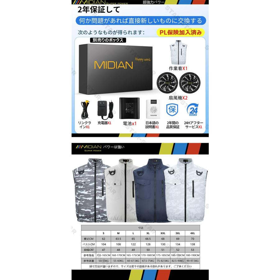 MIDIAN 空調作業服 25000mAh大容量 扇風 作業服 扇風ウェア 作業着