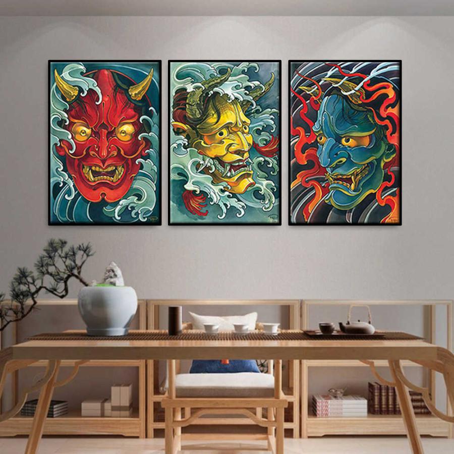 3枚セット 絵画 インテリア ファブリック 絵 和風 アートフレーム 能面