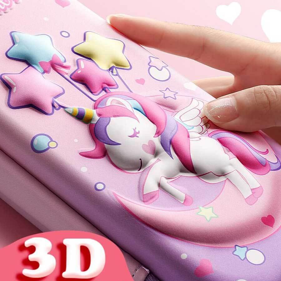 3D ペンケース 2段タイプ 大容量 ユニコーン 防水 防汚 ペンポーチ
