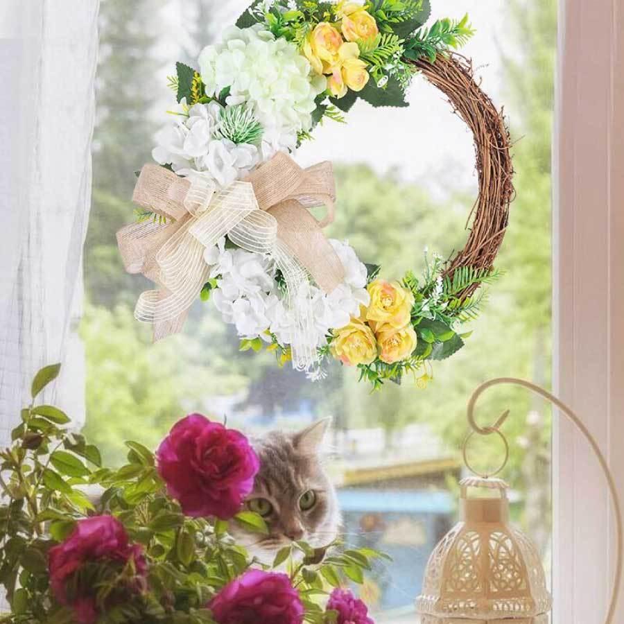 フェイクグリーン リース 40cm 花輪 春 リボン ナチュラル 藤