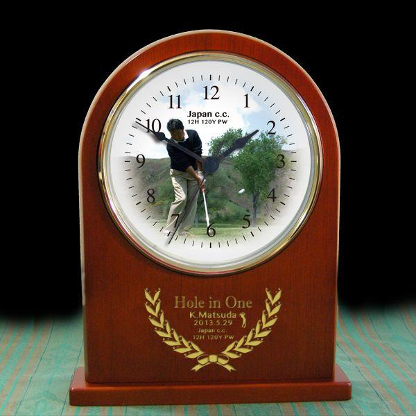 ゴルフ記念品 木製置時計アーチ型 オリジナル時計 ホールインワン 達成記念 スポーツ 記念品 名入れ 写真 父の日 寄贈｜starkids