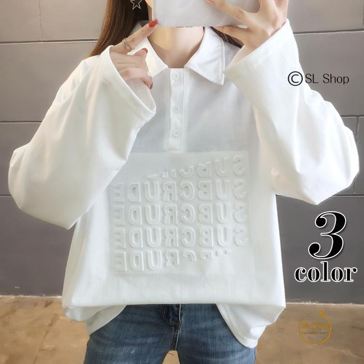 ポロシャツ レディース 長袖 秋 ゆったり 英字印字 21 襟付き トップス Tシャツ カットソー 72 以上節約