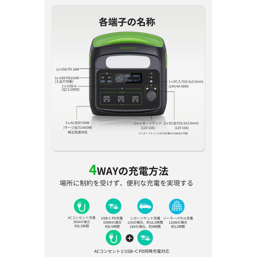 NECESPOW N800 ポータブル電源 806Wh AC700W 値下げ!ポイントUP+限定クーポン|特典付|2年保証】 ポータブル