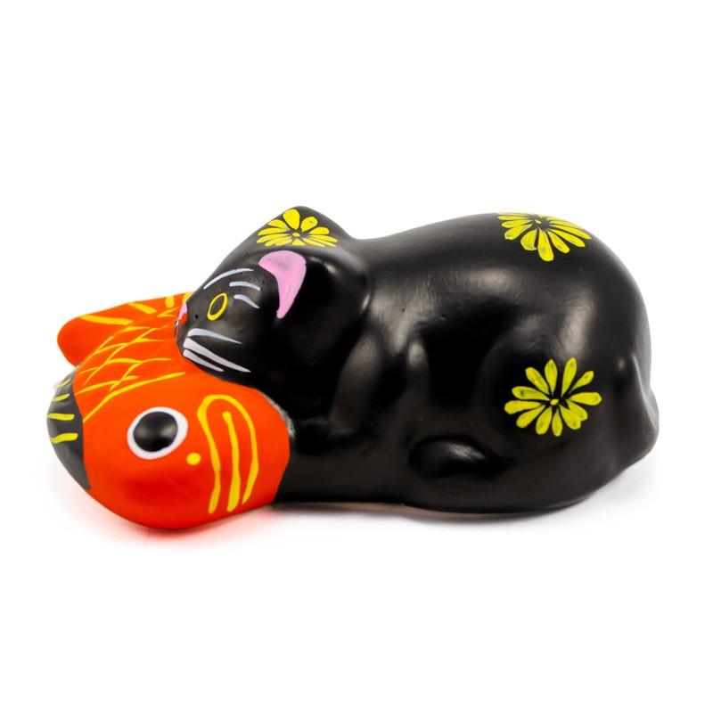 堤人形 つつみのおひなっこや 鯛引き寄せ猫 黒猫 幅8.5cm 和の