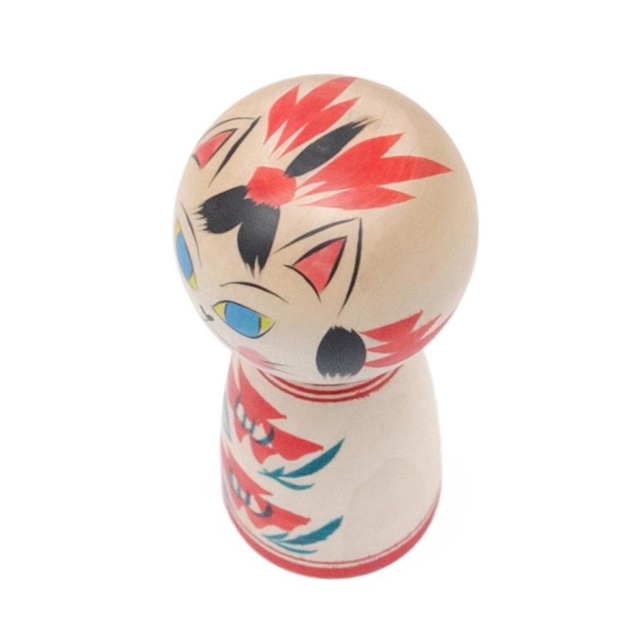 蔵王高湯系 創作こけし ネコこけし 3寸 約9cm 赤 青目 梅木直美作
