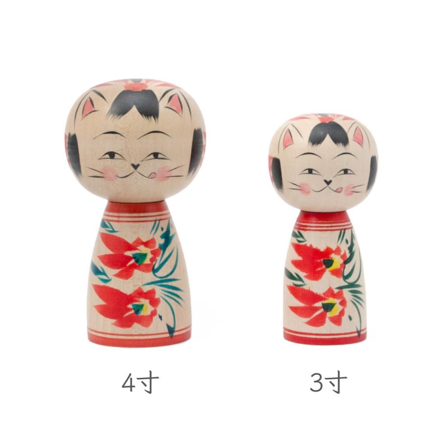 蔵王高湯系 創作こけし ネコこけし 3寸 約9cm 赤 舌出し 梅木直美作