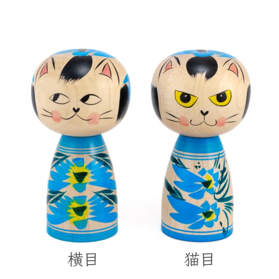 蔵王高湯系 創作こけし ネコこけし 4寸 約11.5cm 水色 2種類 梅木直美