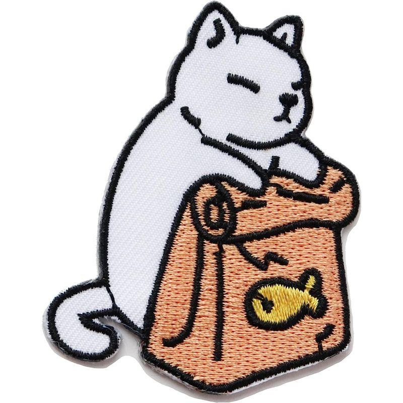 ワッペン 猫とエサ袋 アイロン接着 かわいいネコの刺繍パッチ 説明書（日本語）付き (白)｜stars-select｜03
