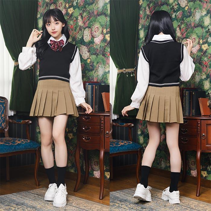 送料無料 オルチャンセーラー ニットベスト ブラック×モカ セーラー 上下セット 韓国 制服 韓国風制服 セーラー服 スクール 学生 学生服 女子高生 制服 リボン｜stars-y｜03