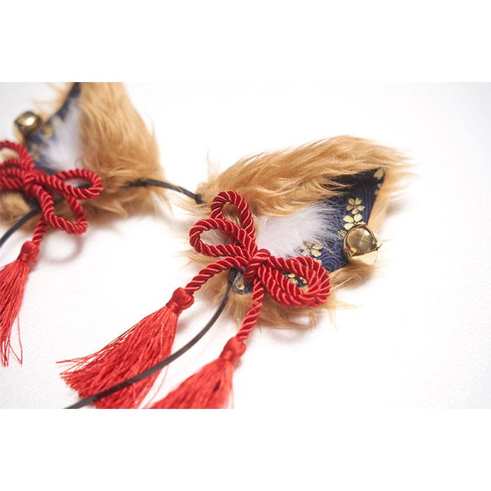 和柄カチューシャ 茶狐 多屋来夢 ブラウン レッド 和風 桜 狐耳