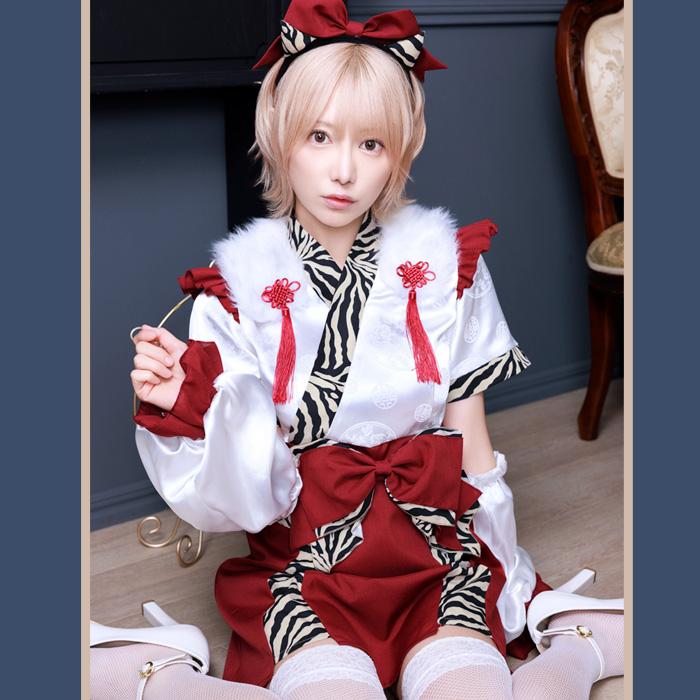 送料無料 INAZUMA鬼girl 巫女 篠崎こころ レッド 赤 巫女さん 和風 着物 みこさん カチューシャ ワンピース アームカバー トラ柄 節分 おに オニ 鬼コスプレ |  | 03