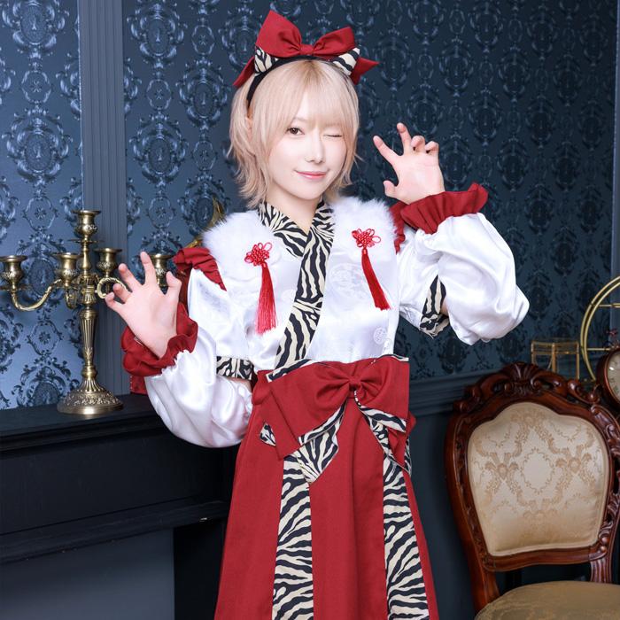 送料無料 INAZUMA鬼girl 巫女 篠崎こころ レッド 赤 巫女さん 和風 着物 みこさん カチューシャ ワンピース アームカバー トラ柄 節分 おに オニ 鬼コスプレ |  | 04