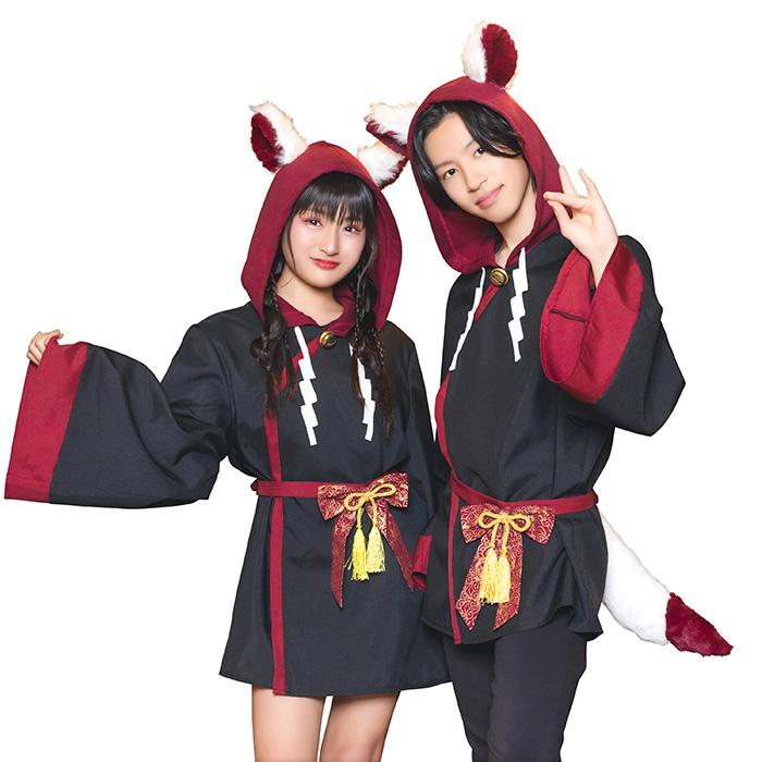 ジュニアサイズ 稲荷様パーカー ブラック 稲荷神 神社 お稲荷さん 動物 きつね 狐耳 和風 コスプレ コスチューム ハロウィン ガールズ ボーイズ 中学生 小学生 | 