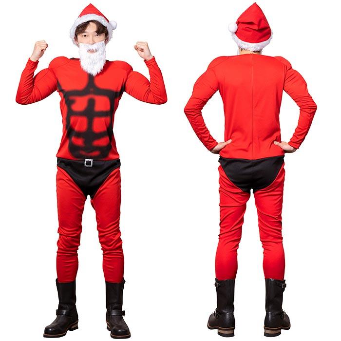 送料無料 マッスルサンタ レッド 赤 サンタ サンタクロース クリスマス 全身タイツ ヒゲ 帽子 セット 一式 コスチューム 男性用 メンズ  長袖 コスプレ |  | 02