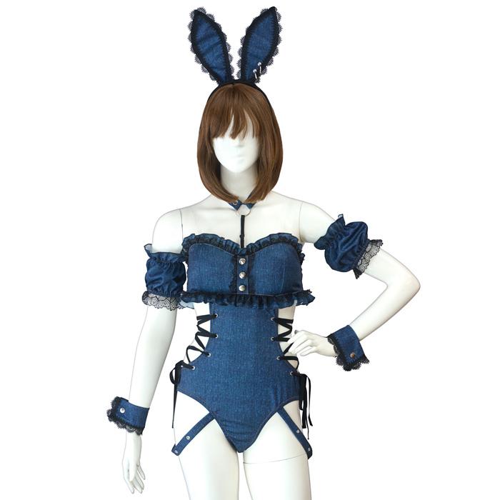 送料無料 SugarWhip デニムライクバニー 篠崎こころ ブルー バニー バニーガール メイド アリス うさぎ ウサギ カチューシャ コスプレ コスチューム ハロウィン |  | 01