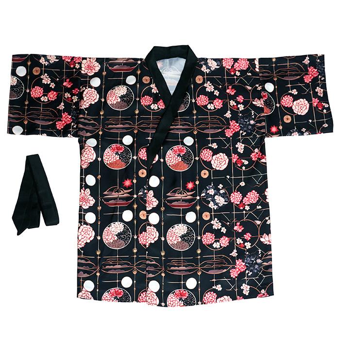 着物 花丸文 ブラック 黒 花柄 はっぴ 応援はっぴ ハッピ 和風 和服 きもの 羽織り 和柄 お祭り コスプレ コスチューム 仮装 衣装 忘年会 新年会 宴会 出し物 |  | 01