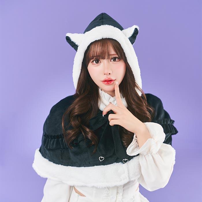 ゼブラ柄猫耳フードコスチューム コスプレ トッピングトップス ねこケープ 白田まい ブラック 黒 ケープ 猫耳 猫