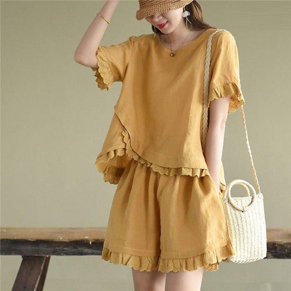 期間限定特別価格 ジャージ レディース スウェット上下セット 半袖tシャツ 夏 無地tシャツ レイヤード 綿麻 オーバーオール ショートパンツ ゆったり 涼しい 可愛い きれいめ Sacs Boutique