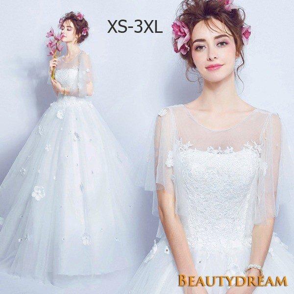 ウェディングドレス 透かし彫りレース 二次会 ロングドレス ウエディングドレス エンパイアライン 可愛い花びら 可愛い姫