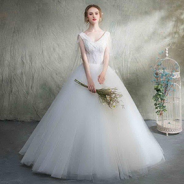 高い素材 秋冬新品ウェディングドレス 可愛いビーズ V襟 二次会 ロングドレス ウエディングドレス エンパイア 着痩せ オフショルダー 露背 パフスリーブ 姫系hs37 レビューで送料無料 Lewisfamilyinsurance Com