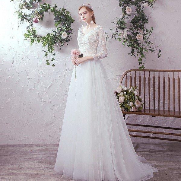 代引不可 秋冬新作 ウェディングドレス エンパイア トレーンライン 花嫁ロングドレス 簡約 V襟 露背 結婚式 二次会 エレガント 細身 可愛い お呼ばれ 挙式 姫系hs44 特売 Century21qatar Com