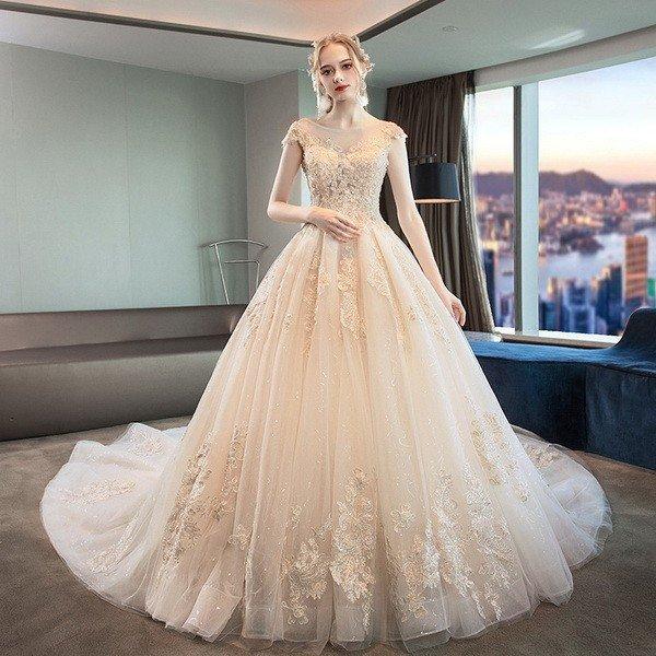 新入荷 ウェディングドレス 可愛いレース 刺繍レース 花嫁ロングドレス 簡約 結婚式 露背 ビーズ エレガント 挙式 姫系hs5152 ホットセール お呼ばれ 二次会