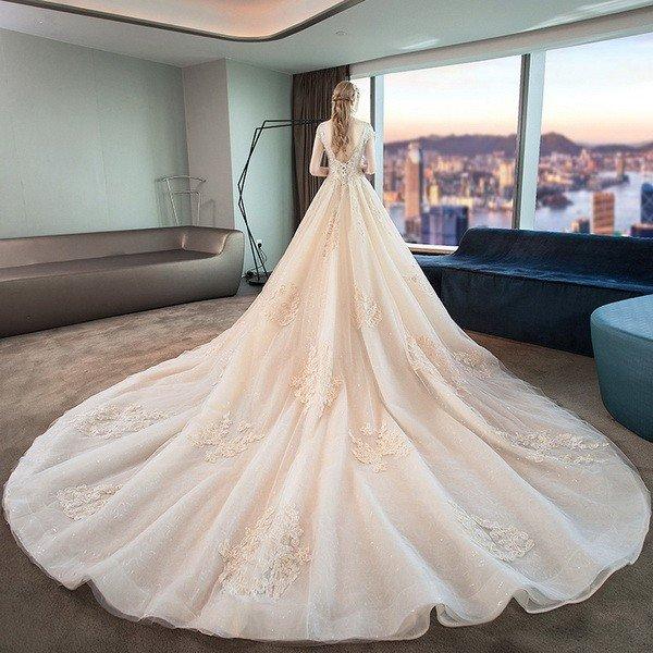 新入荷 ウェディングドレス 可愛いレース 刺繍レース 花嫁ロングドレス 簡約 結婚式 露背 ビーズ エレガント 挙式 姫系hs5152 ホットセール お呼ばれ 二次会