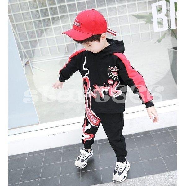 セットアップ 上下セット スウェット キッズ ベビー 子供 男の子 女の子 パーカー プルオーバー 英字 ロゴ プリント 袖リブ 裾リブ レッド ブル ホットセール