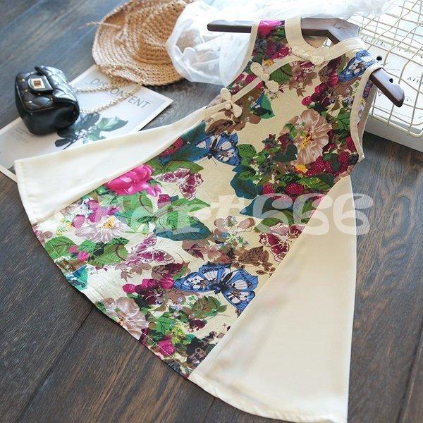 ワンピース キッズ 子供 チャイナ風 ノースリーブ マオカラー Aライン 膝丈 フラワー かわいい おしゃれ お出かけ 女の子 専門店では